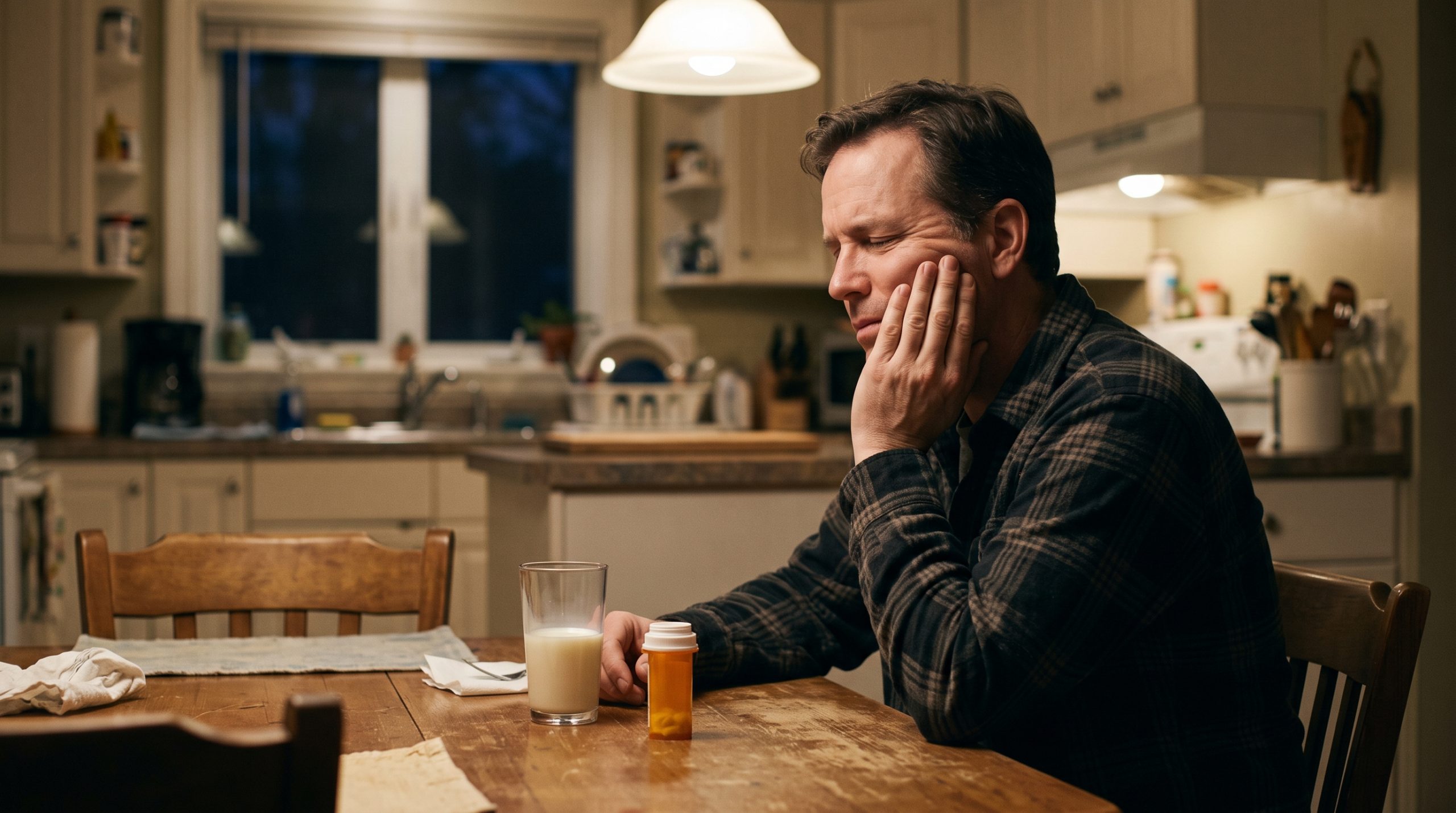 Man holding his cheek from a toothache at home while deciding what to do about a dental emergency