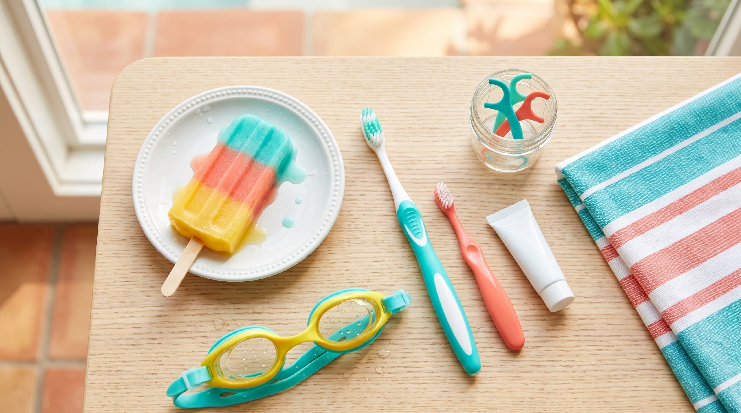 Popsicle, toothbrush, and swim goggles representing summer dental care tips for sports, sweets, and pool chlorine