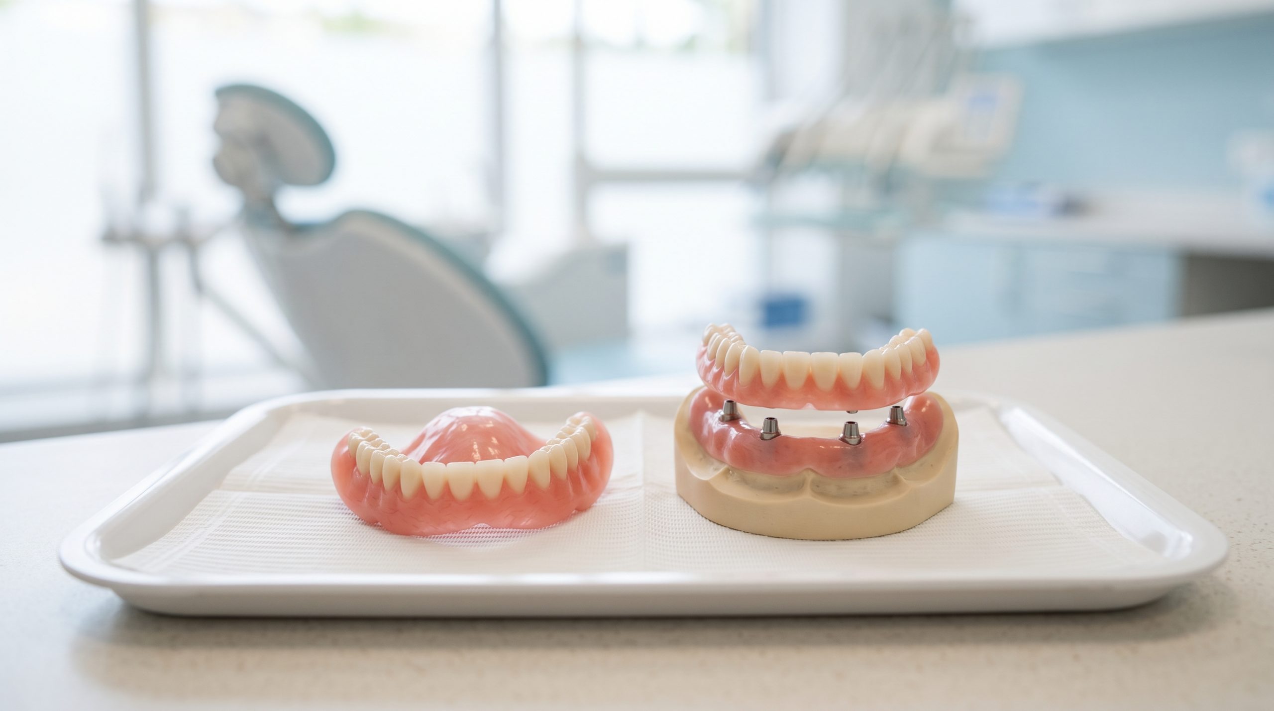 Complete denture next to an implant supported denture model comparing tooth replacement options